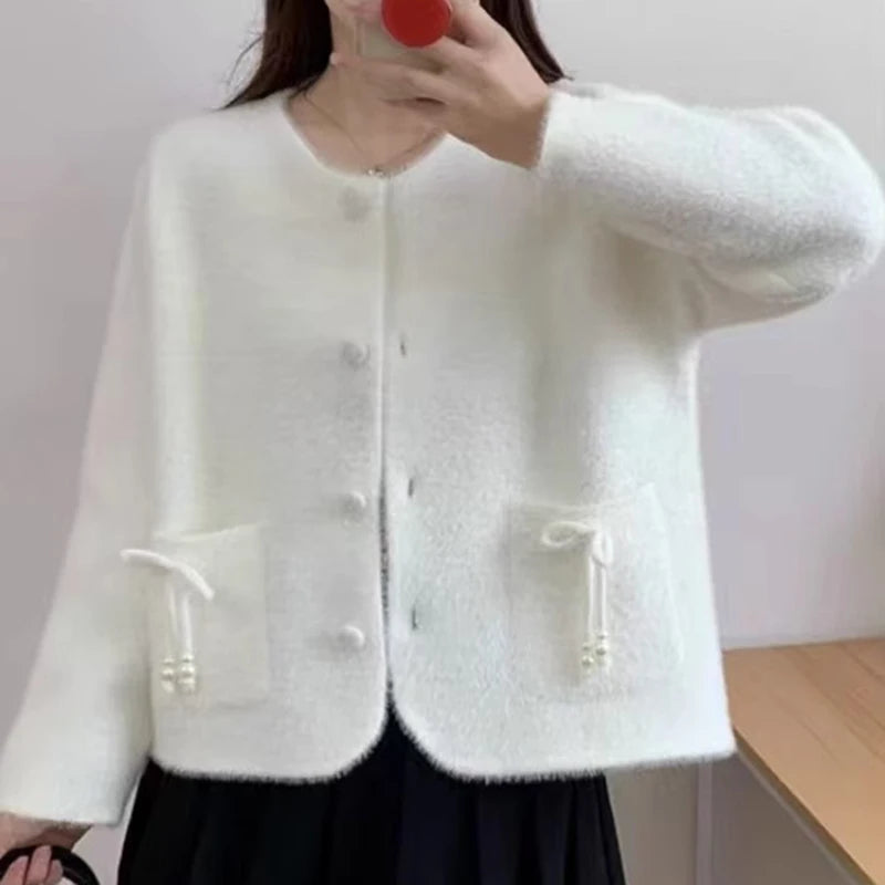 Pull-coat à poches et nœud papillon pour femmes