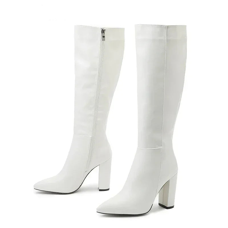 Botte en cuir verni pointu talons fins fermeture éclair pour femmes