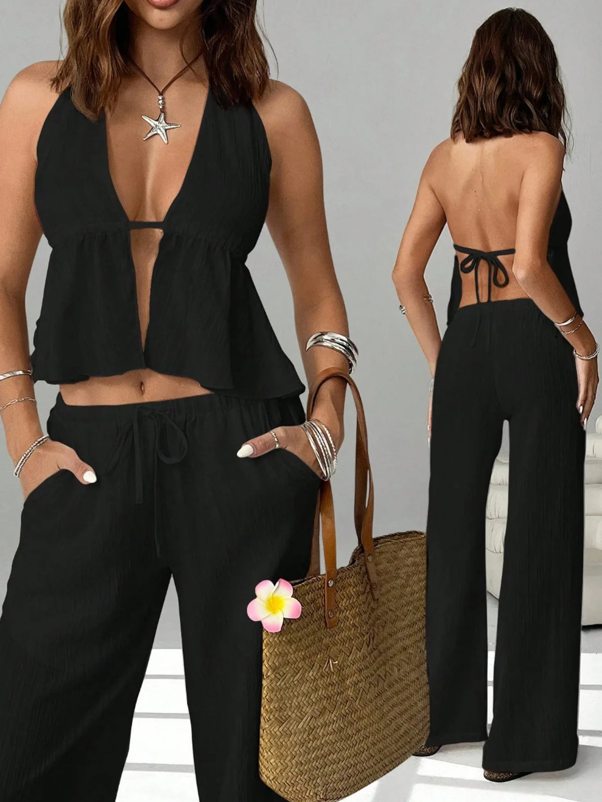 Ensemble Femme – Crop Top Dos Nu à Lacets et Pantalon Long