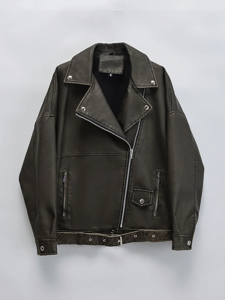 Veste ample rétro Pu Faux cuir pour femmes