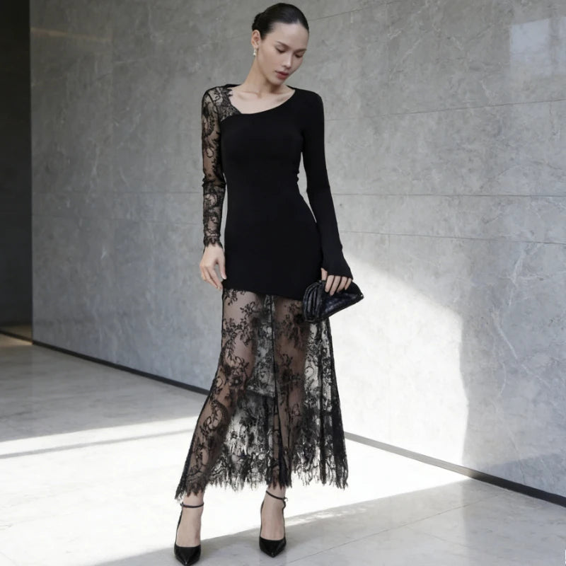 Robe longue sexy en dentelle imprimée pour femmes