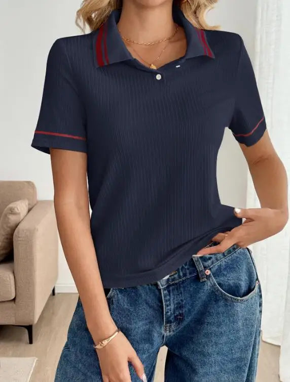 T-shirt décontracté polyvalent à manches courtes et col rabattu rayé rétro pour femmes
