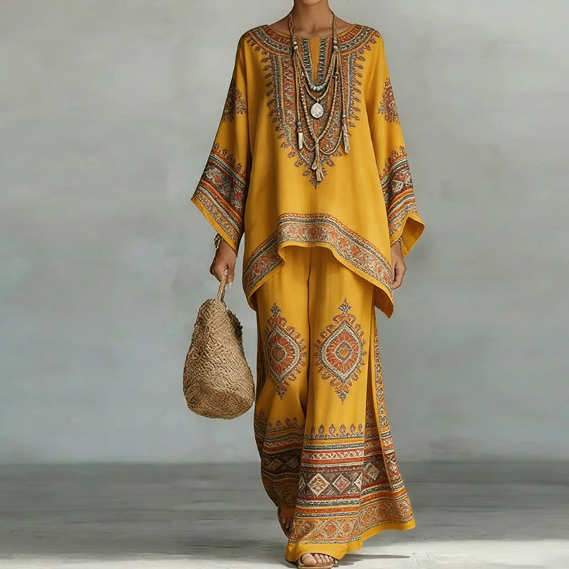Ensemble 2 pièces haut à col rond et pantalon large pour femmes