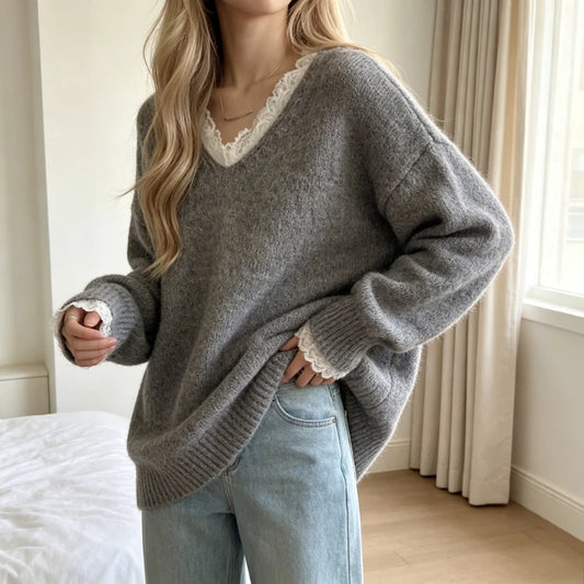 Pull Chic Femme – Col V et Détails en Dentelle