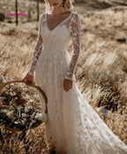Robe de mariée bohème romantique à col en V et dos nu pour femmes