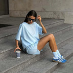 Ensembles en coton deux pièces, t-shirts à manches courtes et shorts taille haute pour femmes