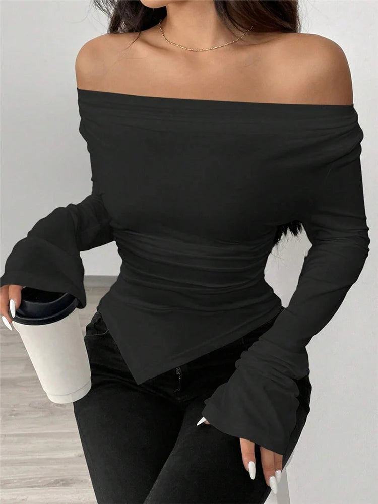 T-shirt à col en V épaules et dénudées à manches longues pour femmes