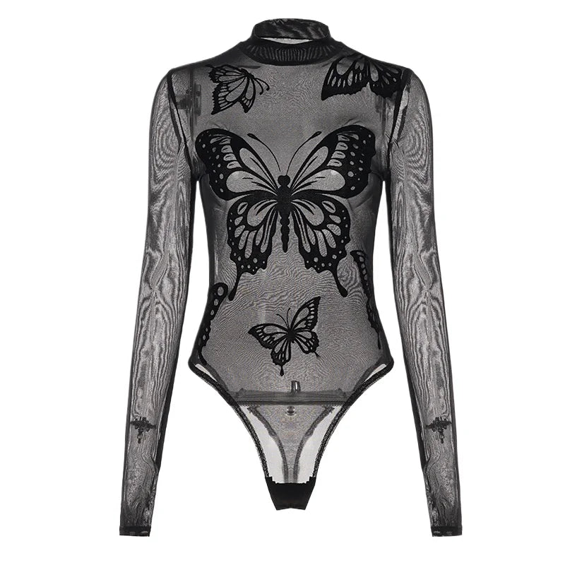Body noires transparent avec broderies papillon pour femmes