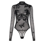 Body noires transparent avec broderies papillon pour femmes