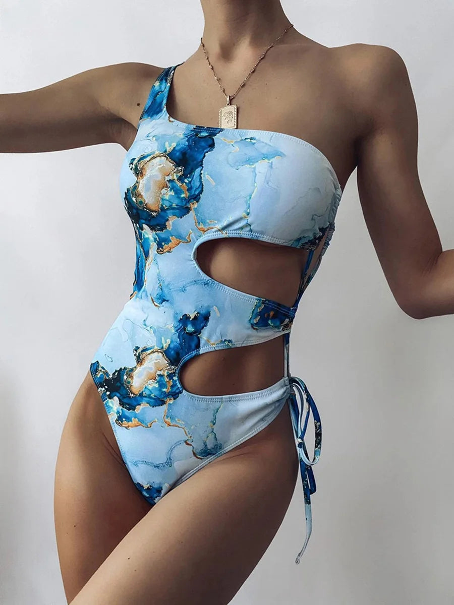 Maillot de bain une pièce imprimé marbre, sexy, découpé pour femmes