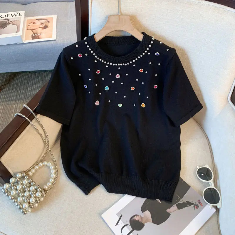 T-shirt à manches courtes et col rond à motif diamants colorés pour femmes