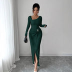 Robe longue en tricot texturé à col irrégulier pour femmes