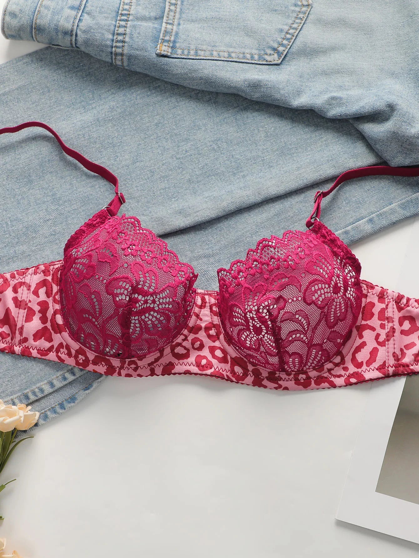 Ensemble sexy en dentelle imprimé léopard rose pour femmes