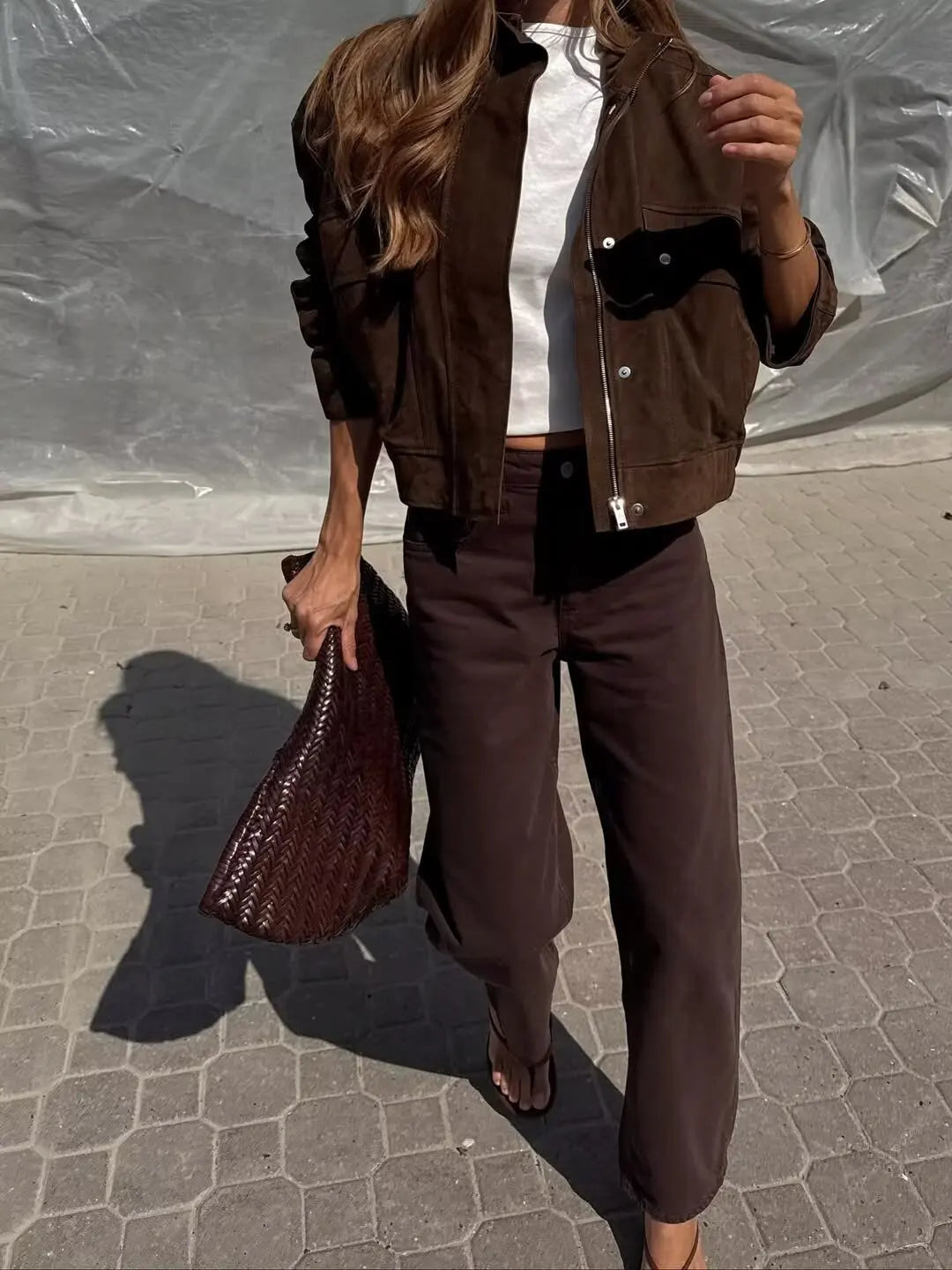 Veste en faux daim à col montant et manches longues pour femmes