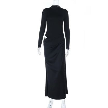 Robe longue femme moulante à manches longues et col montant
