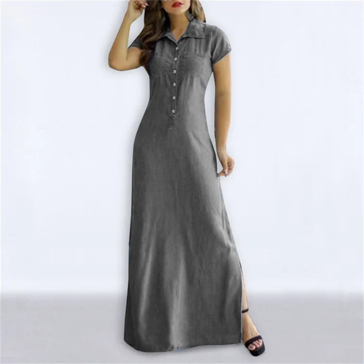 Robe longue en jean décontractée à col de chemise pour femmes