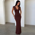 Robe longue moulante élégante à col en V en maille premium pour femmes