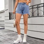 Short en jean décontracté délavé à ourlet frangé pour femmes