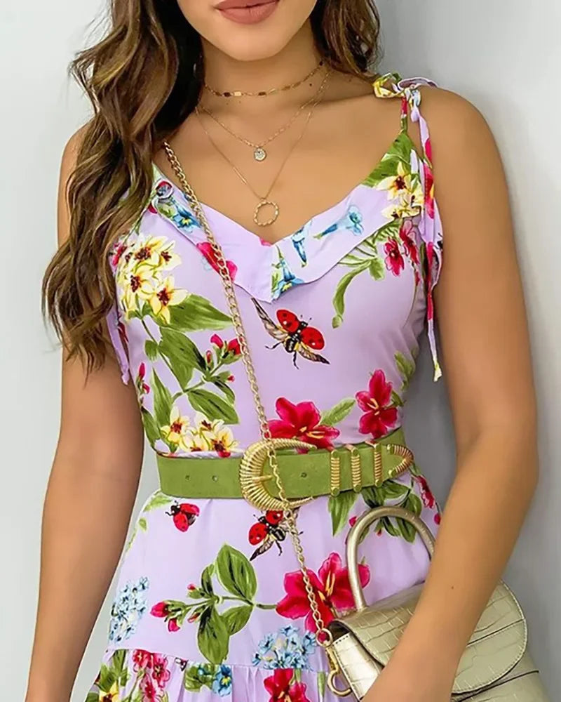 Robe décontractée à bretelles spaghetti et volants pour femmes