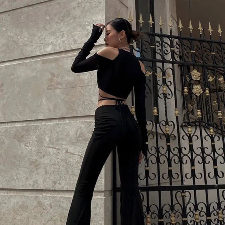 Tops à manches longues avec bandage à lacets et col en V pour femmes