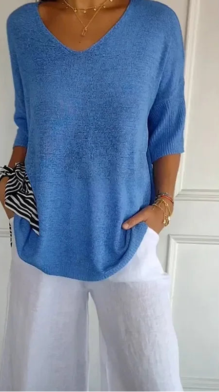 Chemise Décontractée Femme – Col V et Manches 3/4