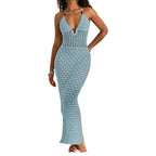 Robe longue moulante en crochet ajouré sans manches à col halter pour femmes