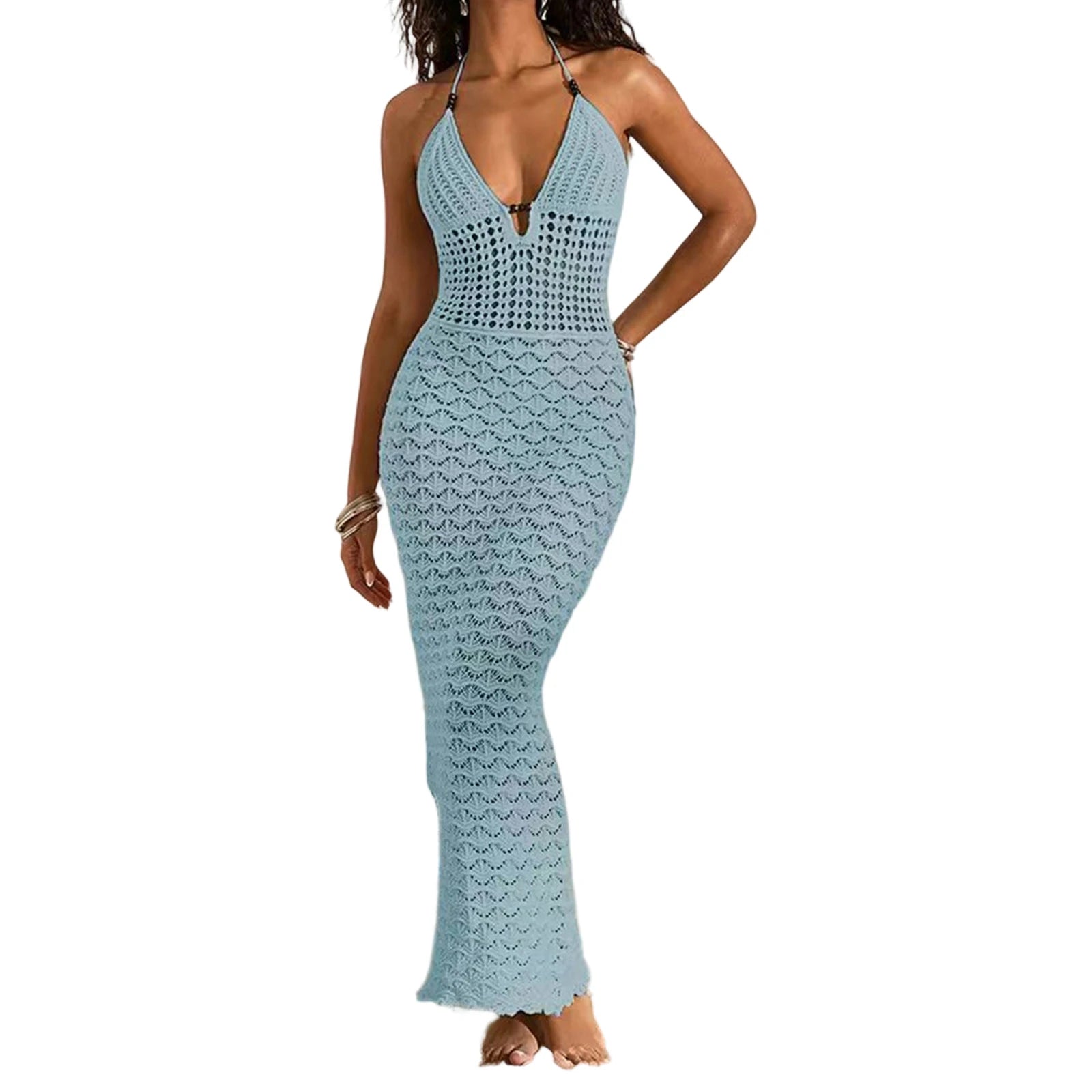 Robe longue moulante en crochet ajouré sans manches à col halter pour femmes