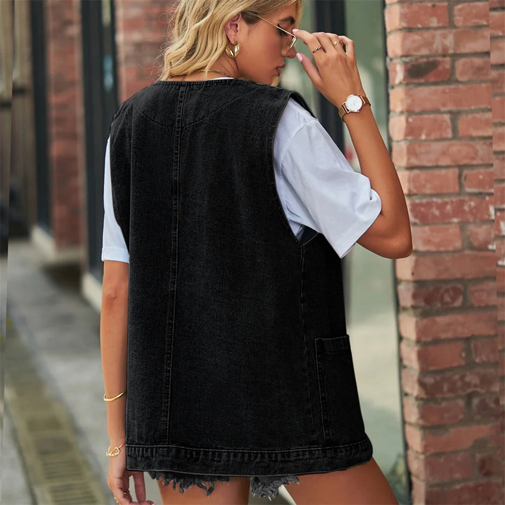 Gilet en jean vintage à grand col en V pour femmes