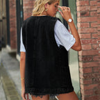 Gilet en jean vintage à grand col en V pour femmes