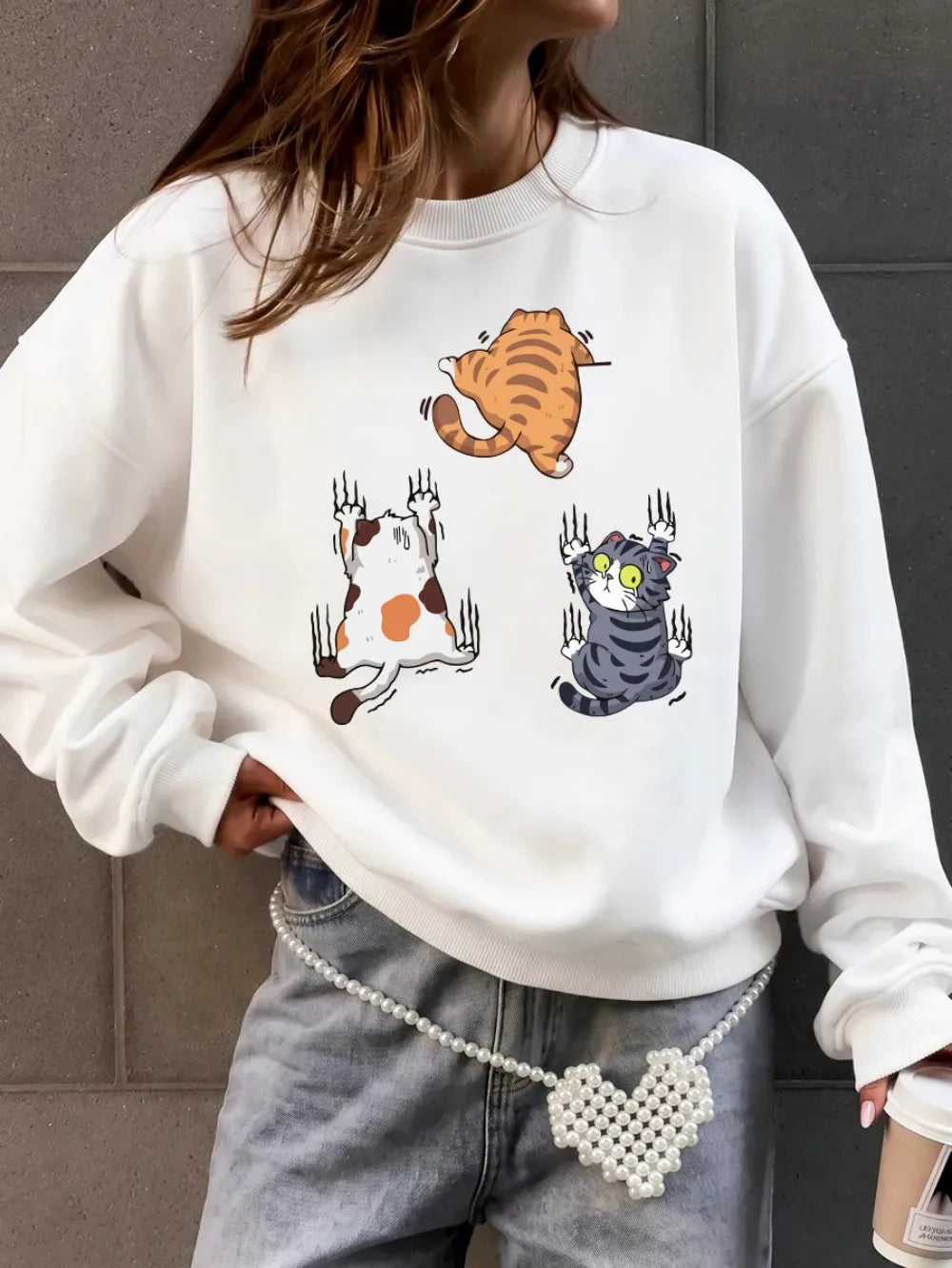 Sweat-shirt à capuche imprimé « Trois chats qui grimpent » pour femmes
