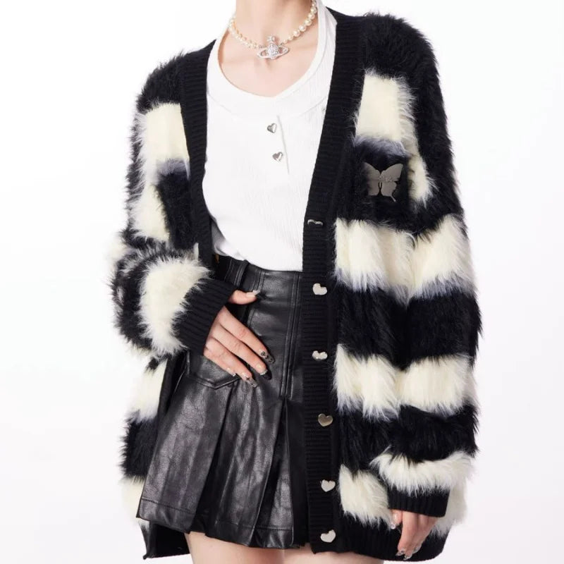 Cardigan chaud à rayures noires et blanches pour femmes