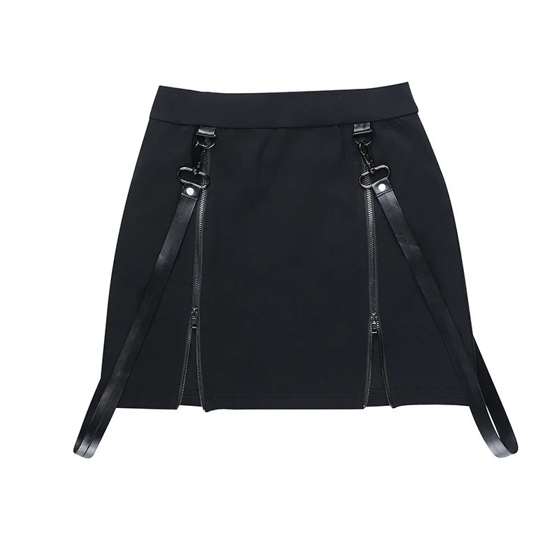 Mini-jupe gothique foncée style A-line avec fentes zippées double face pour femmes