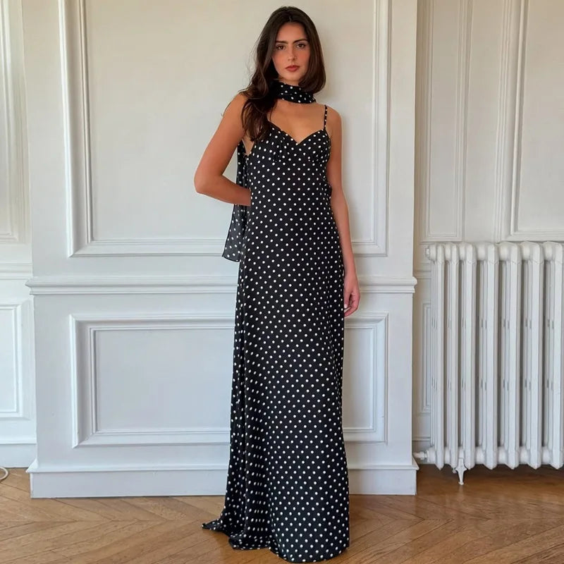 Robe longue slim noire à pois pour femmes
