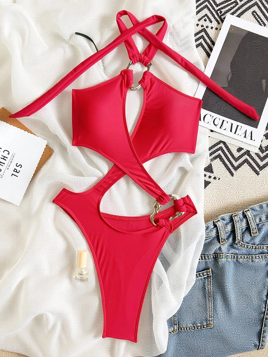 Maillots de bain une pièce ventre découpé licou pour femmes