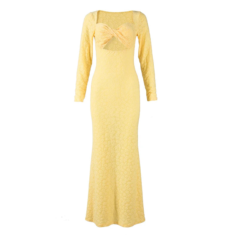 Robe longue femme élégante à col carré et fleurs ajourées