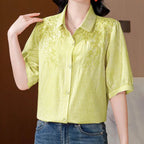 Chemise brodée en coton et lin à col polo pour femmes
