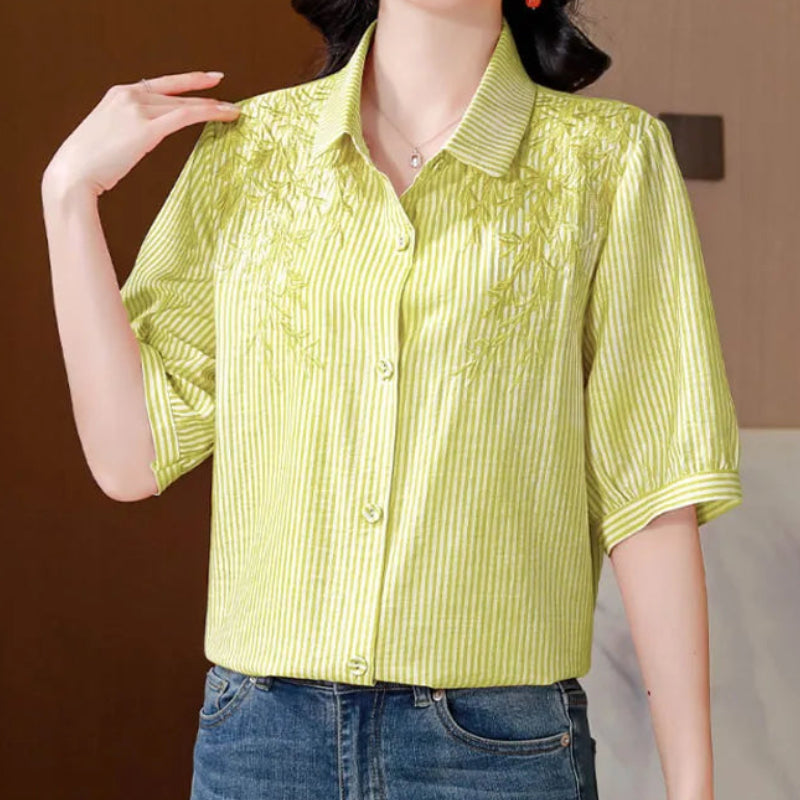 Chemise brodée en coton et lin à col polo pour femmes