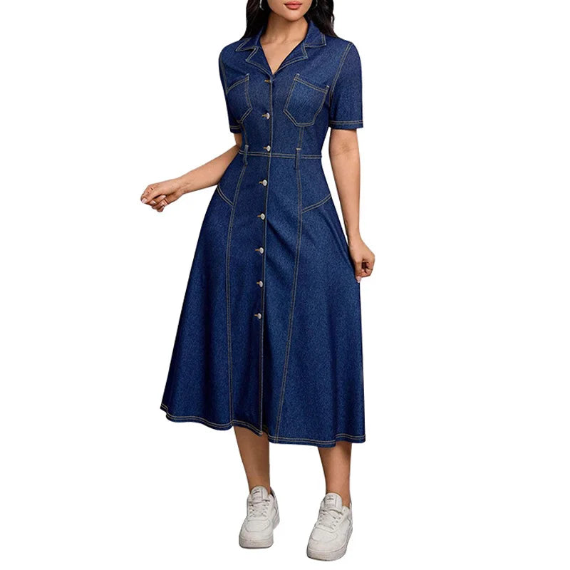 Robe longue en jean à simple boutonnage et col cranté pour femmes