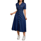 Robe longue en jean à simple boutonnage et col cranté pour femmes