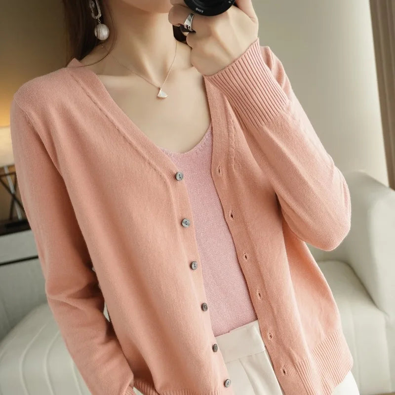 Cardigan tricoté à manches longues et col en v pour femmes