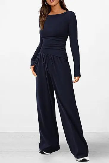 Ensemble décontracté T-shirt asymétrique à manches longues et pantalon à jambes larges pour femmes
