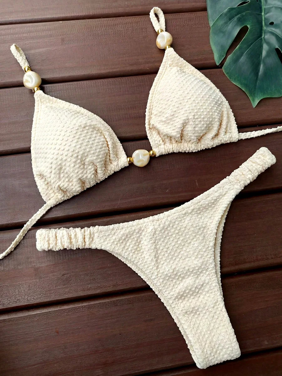 Maillot de bain deux pièces bikini froissé à perles, style brésilien, pour femmes
