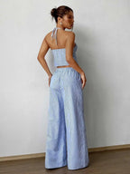 Ensemble deux pièces décontracté gilet ajouré à lacets rayé et pantalon ample pour femmes