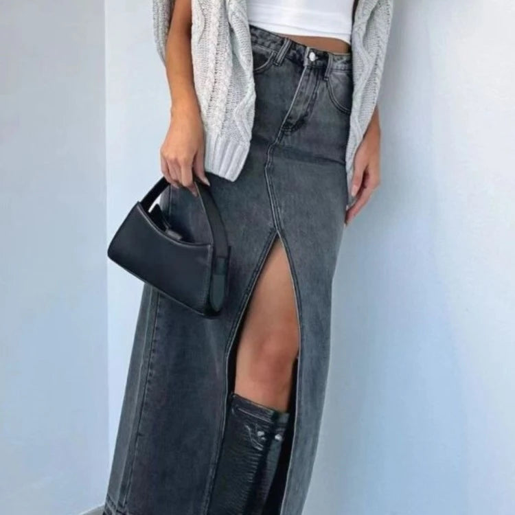 Jupe longues en jean fendue taille haute pour femmes