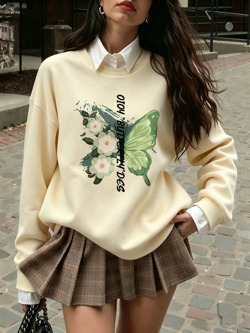 Sweat-shirts imprimés de fleurs de papillons verts pour femmes
