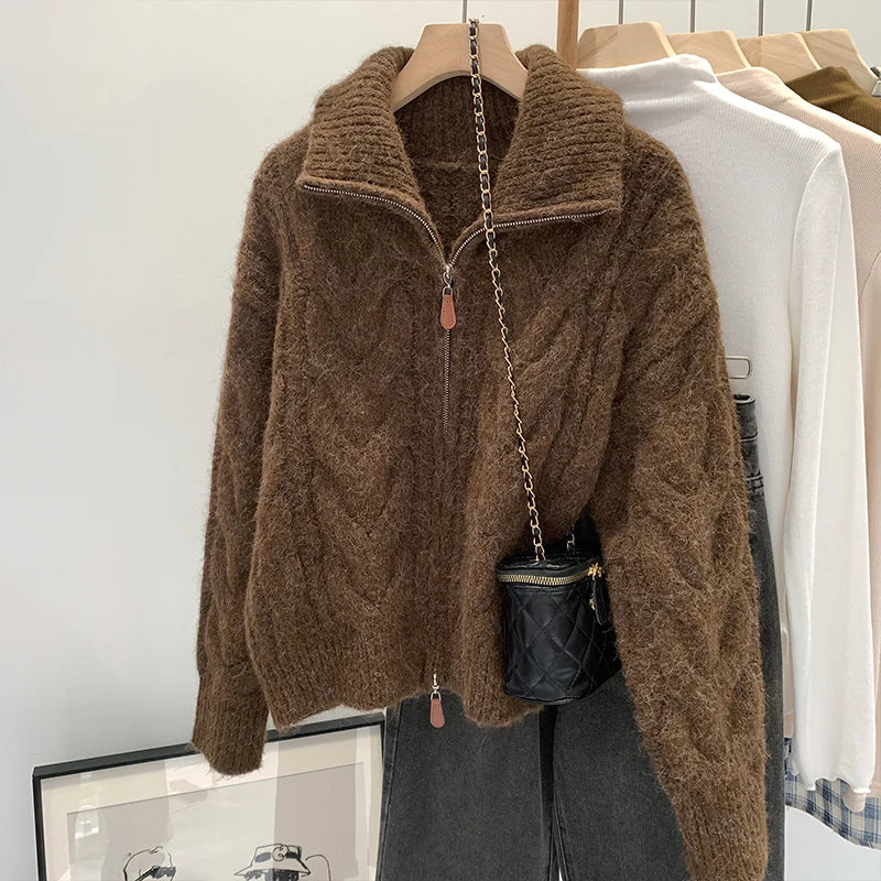 Pull à fermeture éclair et col rabattu pour femmes