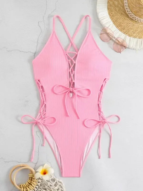 Maillots de bain une pièces col en V profond Push Up pour femmes