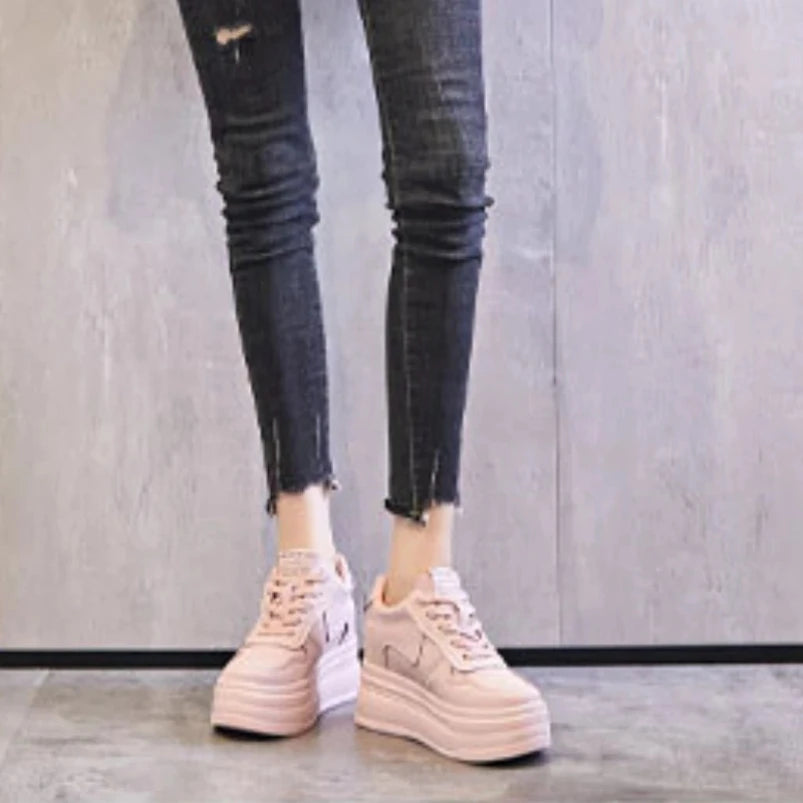 Baskets compensées à plateforme en cuir véritable pour femmes