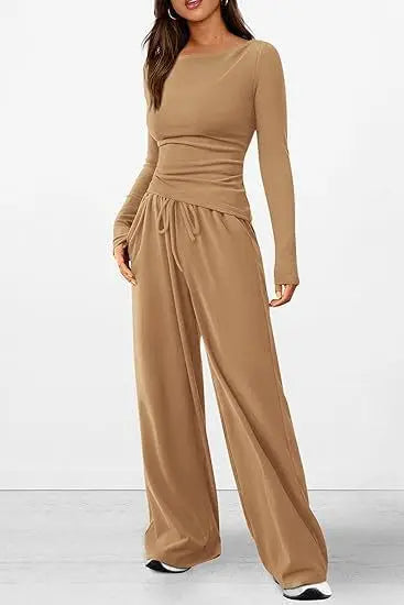 Ensemble décontracté T-shirt asymétrique à manches longues et pantalon à jambes larges pour femmes