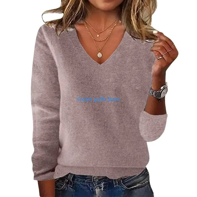Pull en tricot côtelé doux à col en V pour femmes